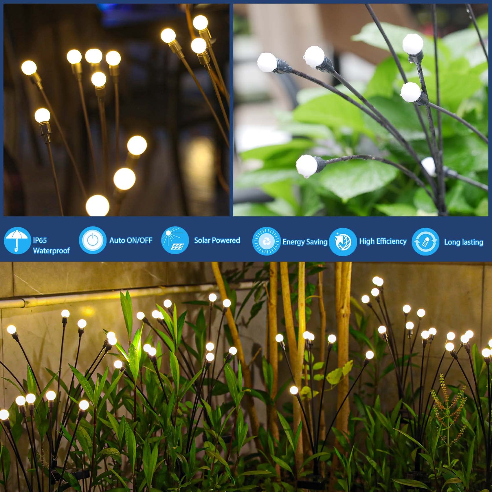 TONULAX Solar Garden Lights - Upgraded Solar Swaying Light, Sway by Wind, Outdoor Lights, Yard Patio Pathway Decoration, High Flexibility Iron Wire & Heavy Bulb Base, Warm White(2 Pack)