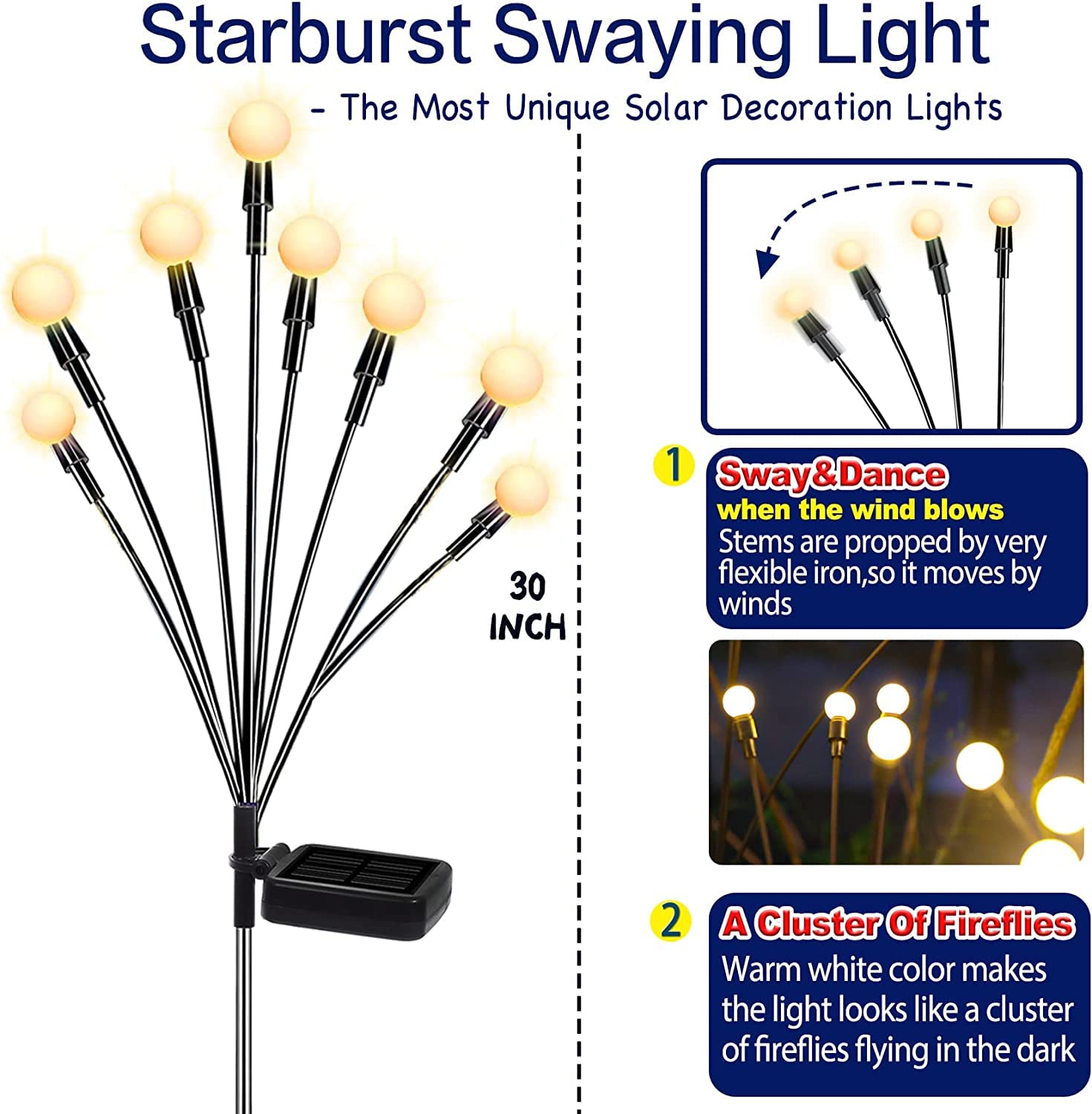 TONULAX Solar Garden Lights - Upgraded Solar Swaying Light, Sway by Wind, Outdoor Lights, Yard Patio Pathway Decoration, High Flexibility Iron Wire & Heavy Bulb Base, Warm White(2 Pack)