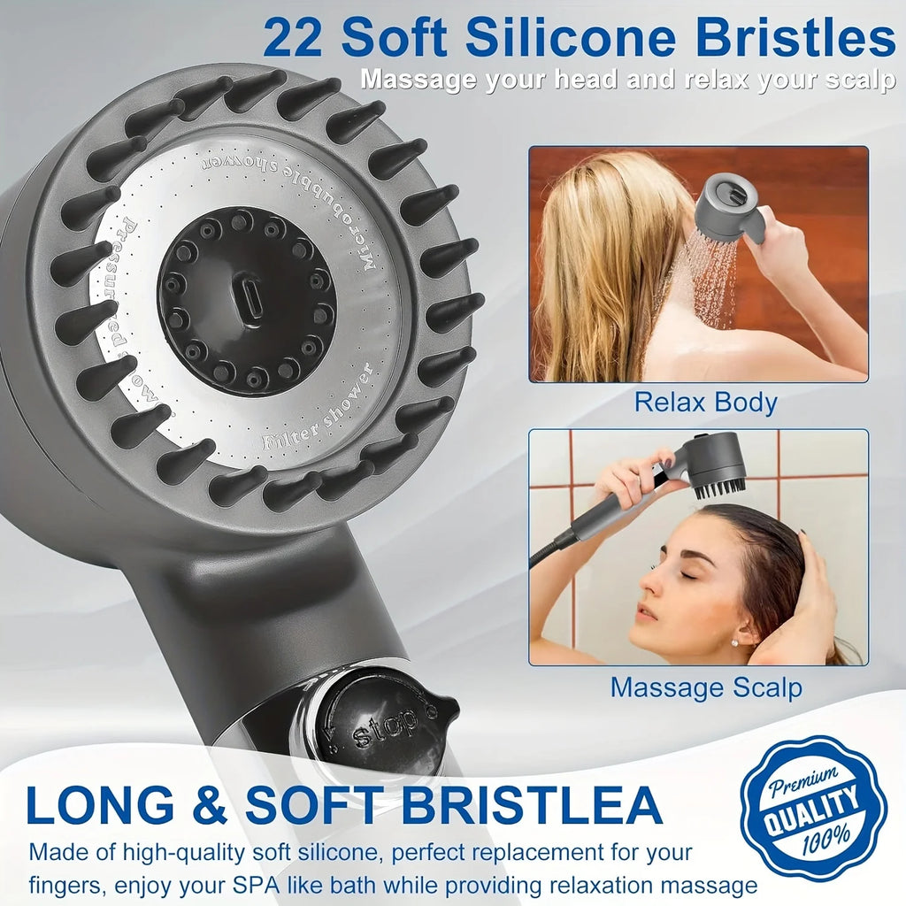 High Pressure Shower Head Scalp Massager Shampoo Brush - Softens Hard Water - 3 Settings - Detachable Design - Skin Hair Care