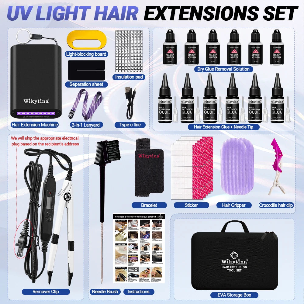Professional UV Light Hair Extensions Machine Salon Grade Tools UV Curing Adhesive Glue Remover Machine Complete Styling Kit