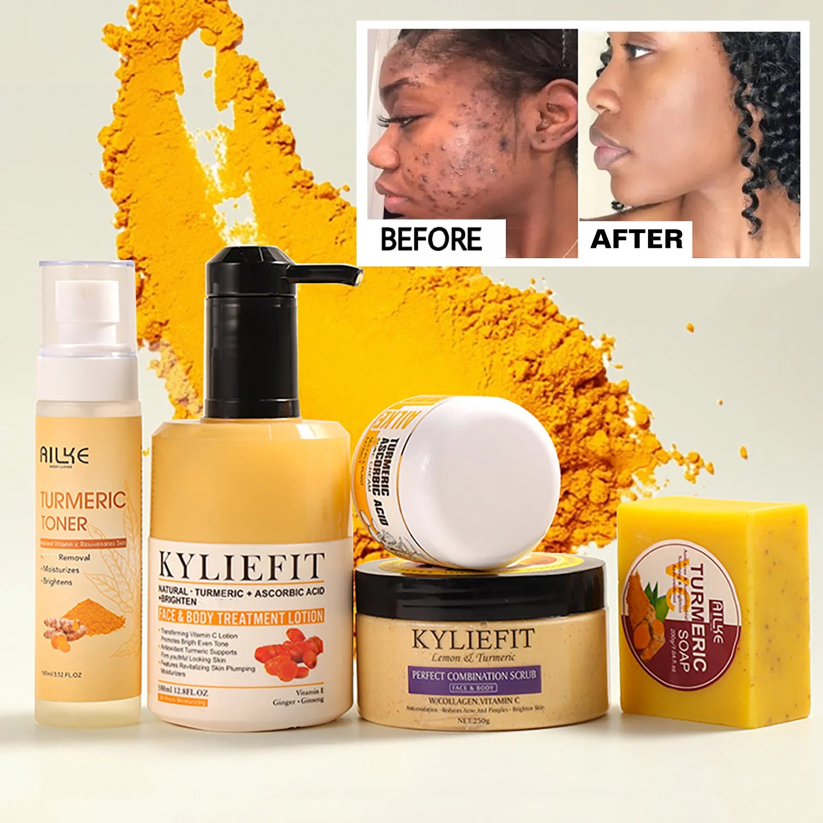 AILKE Organic Turmeric Skin Care Set, Brighten, Cleaning Skin, Remove Acne,Pimples, Whitening, Even Skin Tone, Improve Dry Skin