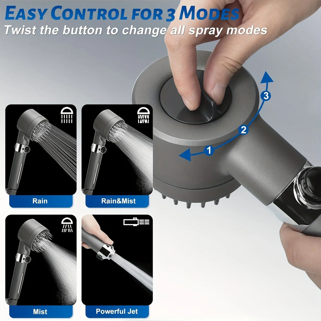 High Pressure Shower Head Scalp Massager Shampoo Brush - Softens Hard Water - 3 Settings - Detachable Design - Skin Hair Care