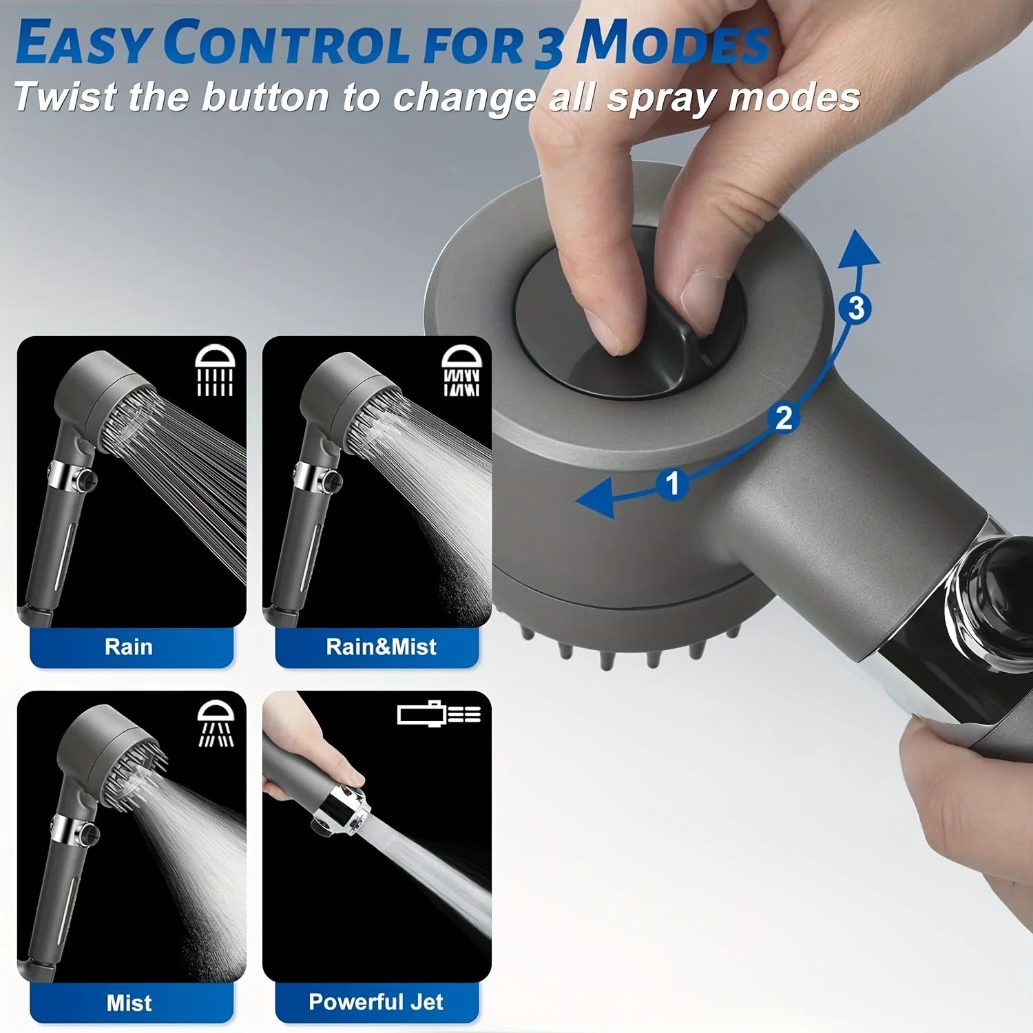 High Pressure Shower Head Scalp Massager Shampoo Brush - Softens Hard Water - 3 Settings - Detachable Design - Skin Hair Care