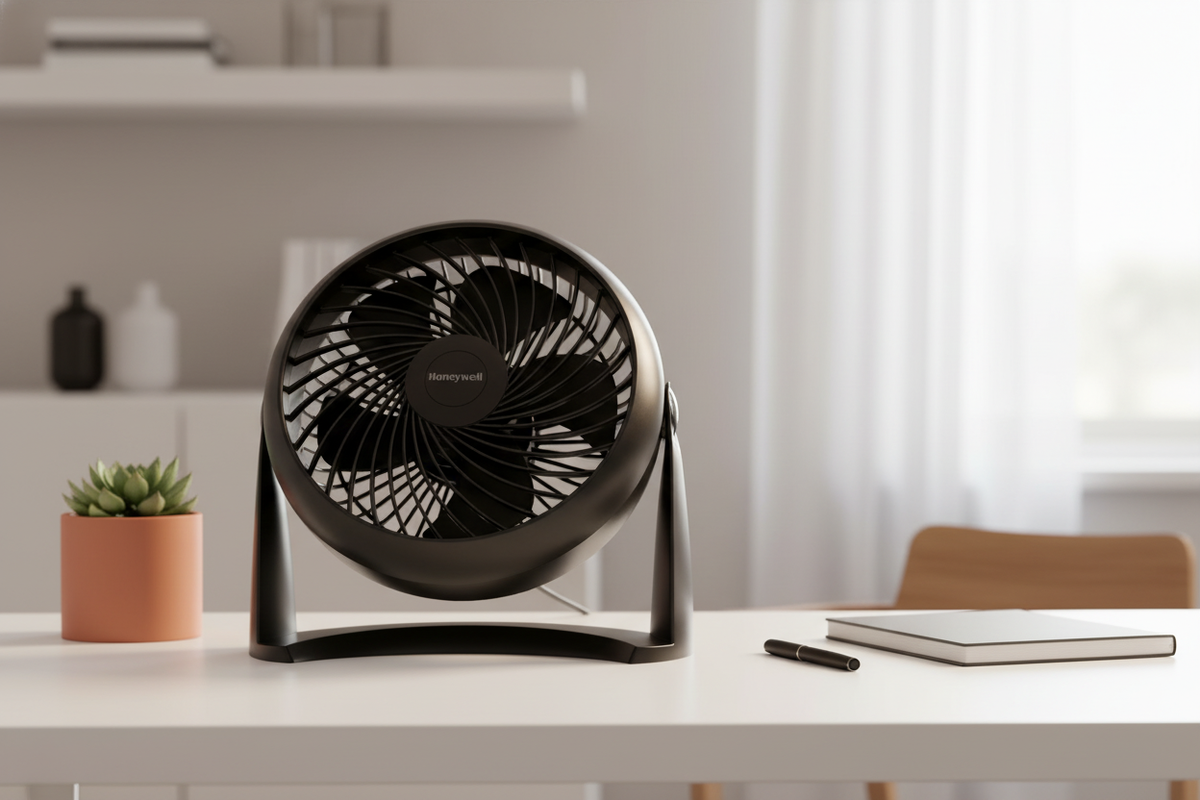 AeroPivot Fan Pro on a white desk, with a terracotta plant and charcoal notebook. The fan is black with a visible grille.